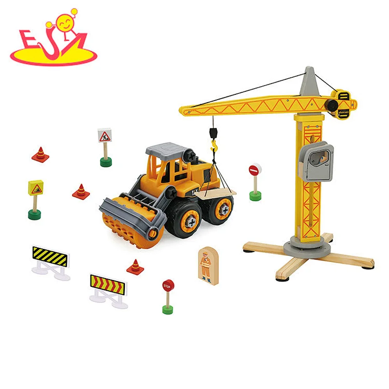 Kids DIY Construction Play Set Wooden Tower Crane Toy With Street Roller W04A594